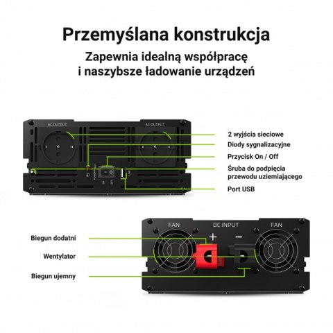 Green Cell - Przetwornica napięcia Inwerter 24V na 230V 2000W/4000W Czysta sinusoida