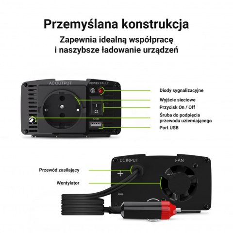 Green Cell - Przetwornica napięcia Inwerter 12V na 230V 150W/300W Czysta sinusoida