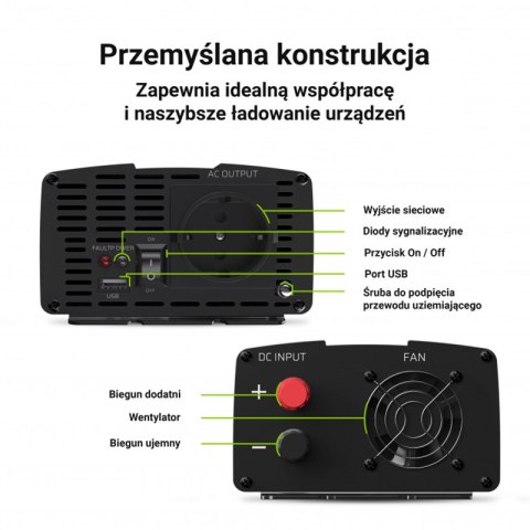 Green Cell - Przetwornica napięcia Inwerter 24V na 230V 1000W/2000W Czysta sinusoida