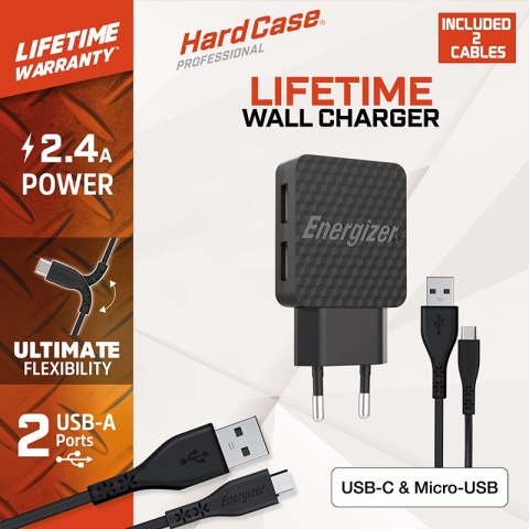 Energizer HardCase - Kompaktowa ładowarka sieciowa 2x USB-A + Kabel USB-C & Micro USB (Czarny) dożywotnia gwarancja