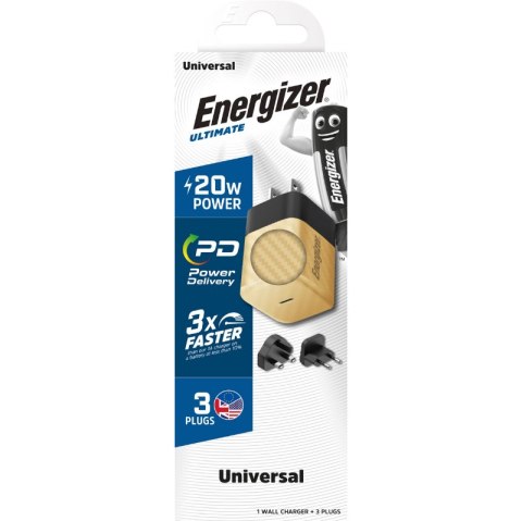 Energizer Ultimate - Ładowarka sieciowa Multiplug EU / UK / US GaN USB-C 20W PD (Złoty)