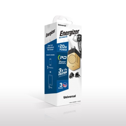 Energizer Ultimate - Ładowarka sieciowa Multiplug EU / UK / US GaN USB-C 20W PD (Złoty)