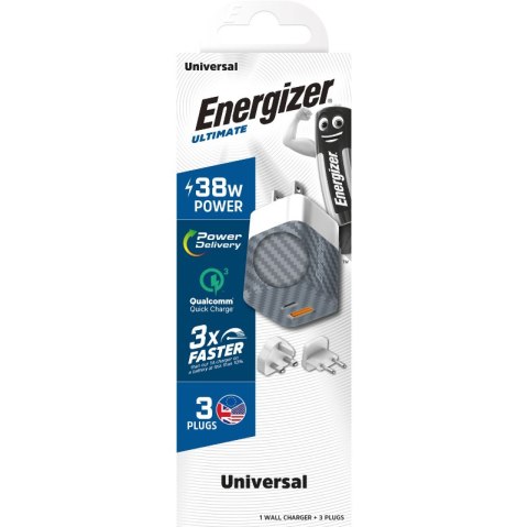 Energizer Ultimate - Ładowarka sieciowa Multiplug EU / UK / US GaN USB-C & USB-A 38W PD + QC3.0 (Srebrny)