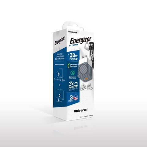 Energizer Ultimate - Ładowarka sieciowa Multiplug EU / UK / US GaN USB-C & USB-A 38W PD + QC3.0 (Srebrny)