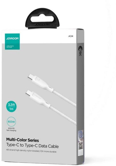 Kabel USB-C / USB-C Joyroom SA34-CC3 100cm 60W 5A PD w oplocie biały JOYROOM