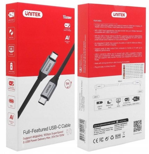 Przewód USB Unitek C14082ABK USB-C na USB-C 10Gbps 4K 60Hz 20V/5A UNITEK