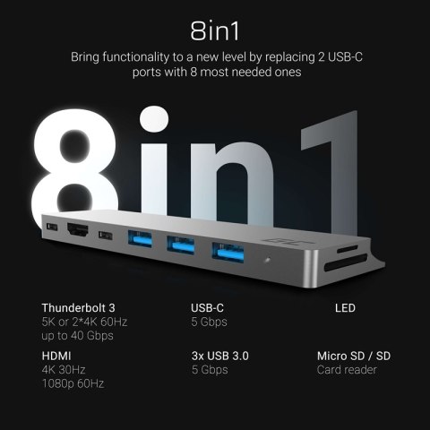 Green Cell Connect60 - Adapter HUB 8w1 (Thunderbolt 3, USB-C, HDMI, 3x USB 3.0)