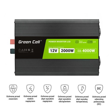 Green Cell - Przetwornica napięcia PowerInverter z wyświetlaczem LCD 12V na 230V 2000W/4000W Czysta sinusoida