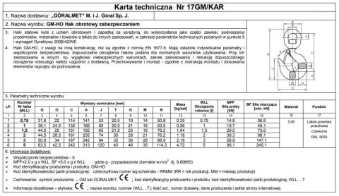 HAK Z ZABEZPIECZENIEM OBROTOWY 1500KG GM-HO