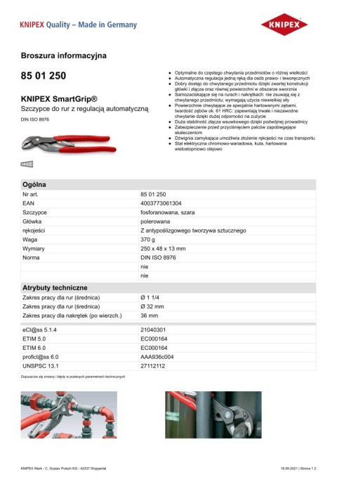 SZCZYPCE DO RUR KNIPEX SMARTGRIP 250MM