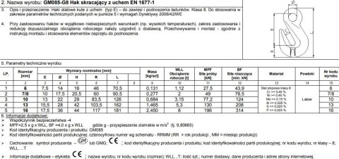 HAK SKRACAJĄCY Z UCHEM 7/8MM WLL 2T G8 EN1677-1