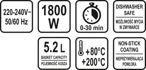 FRYTKOWNICA BEZTŁUSZCZOWA 1800W, 5.2L.