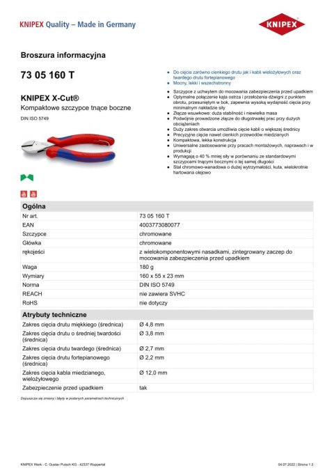 KOMPAKTOWE SZCZYPCE TNĄCE BOCZNE X-CUT 160MM