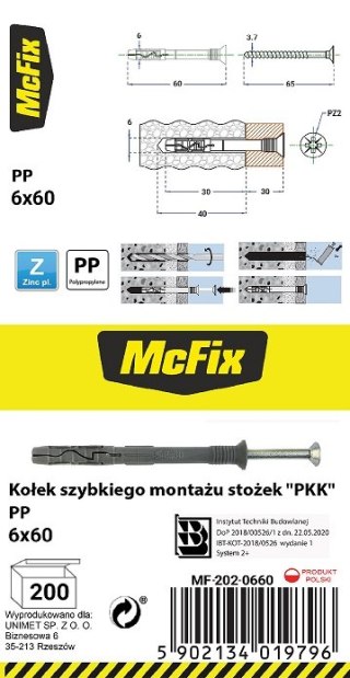 KOŁEK SZYBKI MONTAŻ STOŻEK PP 6*60MM