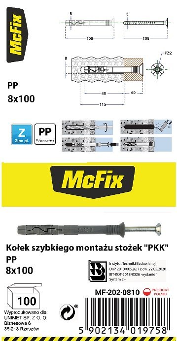 KOŁEK SZYBKI MONTAŻ STOŻEK PP 8*100MM