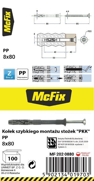 KOŁEK SZYBKI MONTAŻ STOŻEK PP 8*80MM