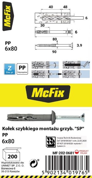 KOŁEK SZYBKI MONTAŻ Z KOŁNIERZEM PP 6*80MM