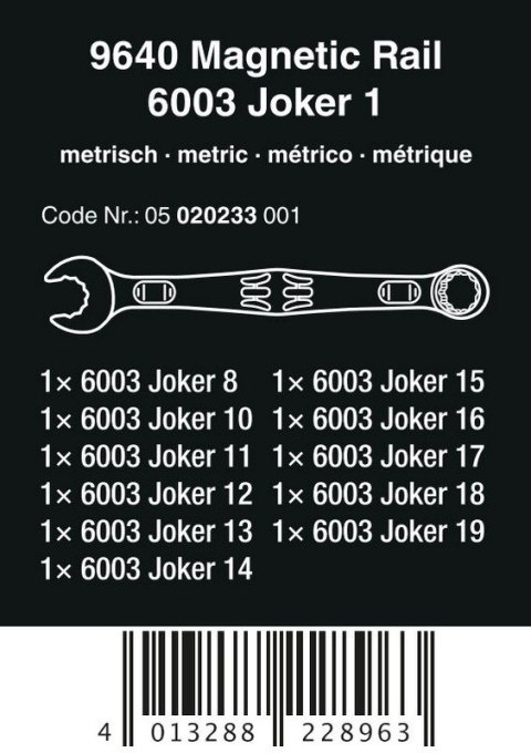 ZESTAW KLUCZY PŁAS.-OCZK. Z GRZECH. 6003 JOKER 1+LISTA MAGN.