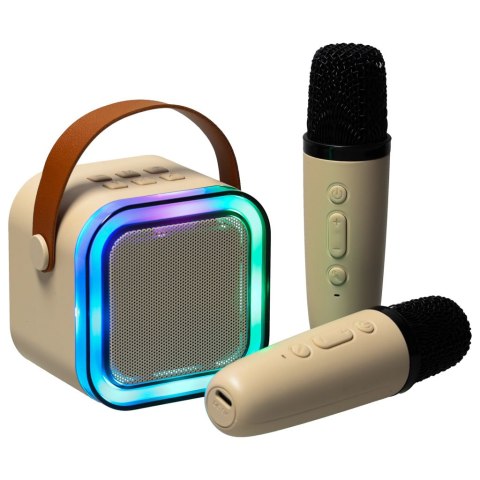 Zestaw do karaoke 2 mikrofony + głośnik przenośny BLUETOOTH USB LED beżowy