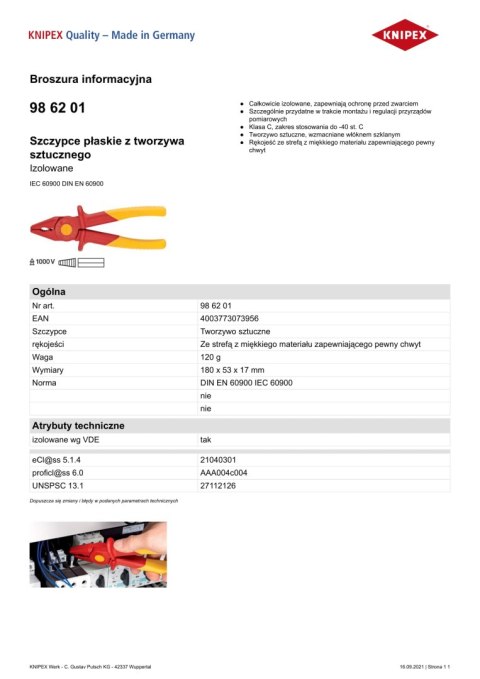 SZCZYPCE PŁASKIE Z TWORZYWA SZTUCZNEGO IZOLOWANE 180MM