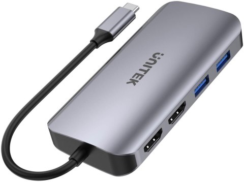 Unitek D1122A01 Aktywny hub USB-C 5Gbps, 2x HDMI 4K, czytnik kart, RJ-45, PD 100W UNITEK