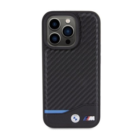 BMW Leather Carbon Blue Line MagSafe - Etui iPhone 15 Pro (czarny)