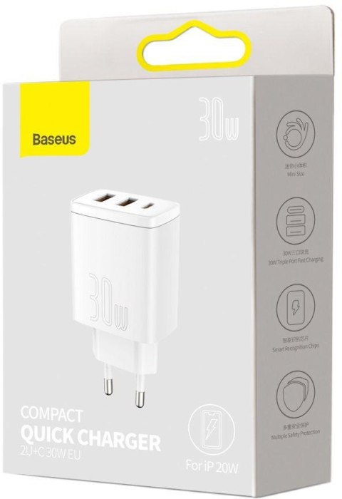 ŁADOWARKA SIECIOWA Baseus Compact Quick Charger CCXJ-E02 30W 2x USB-A 1x USB-C PD 3.0 QC 3.0 BIAŁA BASEUS