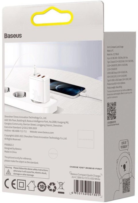 ŁADOWARKA SIECIOWA Baseus Compact Quick Charger CCXJ-E02 30W 2x USB-A 1x USB-C PD 3.0 QC 3.0 BIAŁA BASEUS