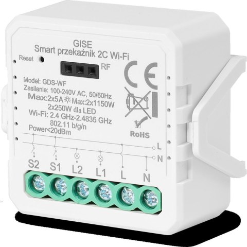 GISE Smart Podwójny moduł przekaźnikowy WiFi | Tuya | GDS-WF GISE GISE Smart Podwójny moduł przekaźnikowy WiFi | Tuya | GDS-WF GISE