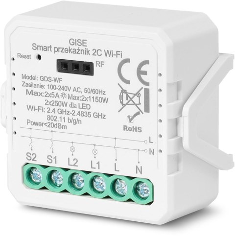 GISE Smart Podwójny moduł przekaźnikowy WiFi | Tuya | GDS-WF GISE GISE Smart Podwójny moduł przekaźnikowy WiFi | Tuya | GDS-WF GISE