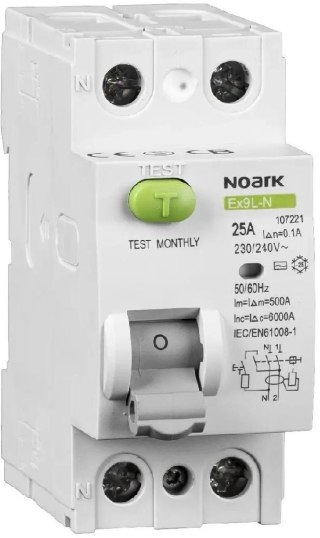 WYŁĄCZNIK RÓŻNICOWOPRĄDOWY, 6 KA, 25A, 30MA, 2P TYP AC EX9L-N Noark 108314 NOARK
