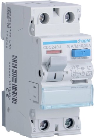 Wyłącznik różnicowoprądowy 1P+N 40A 30mA 6kA AC HAGER CDC240J HAGER