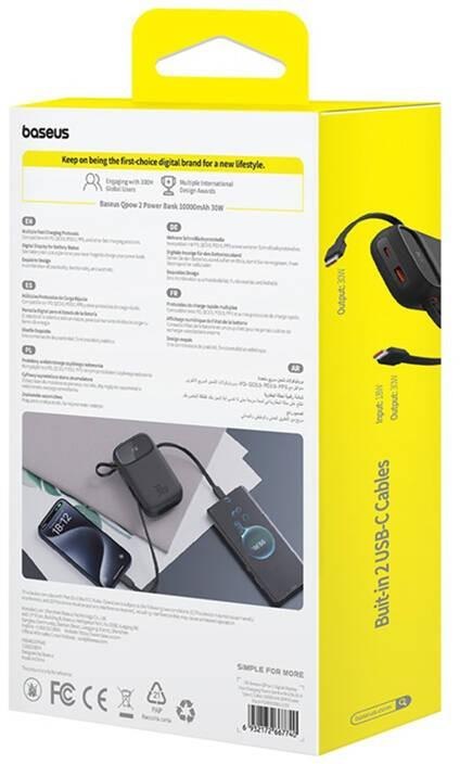 Powerbank Baseus QPow 2 10000mAh 30W z 2 wbudowanymi kablami USB-C - czarny BASEUS