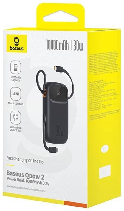 Powerbank Baseus QPow 2 10000mAh 30W z 2 wbudowanymi kablami USB-C - czarny BASEUS