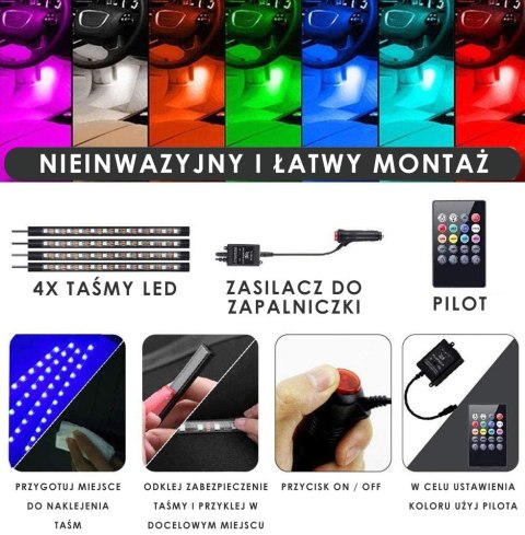 Oświetlenie do samochodu 4x LED taśma RGB