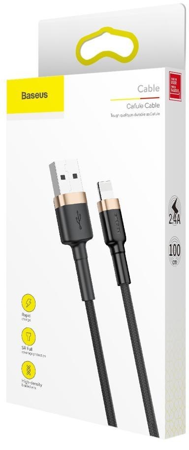 KABEL USB-A / Lightning iPhone Baseus Cafule CALKLF-BV1 100cm Apple 2.4A CZARNO-ZŁOTY W OPLOCIE