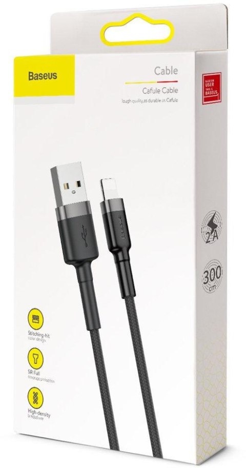 KABEL USB-A / Lightning iPhone Baseus Cafule CALKLF-RG1 300cm Apple 2A CZARNO-SZARY W OPLOCIE