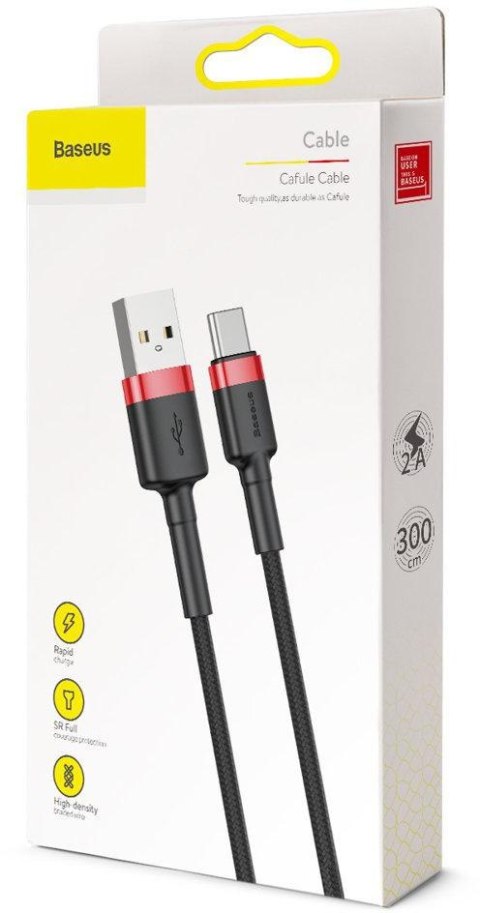 KABEL USB-A / USB-C Baseus Cafule CATKLF-U91 300cm 2A QC 3.0 CZARNO-CZERWONY W OPLOCIE