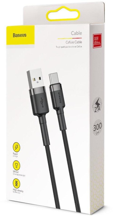 KABEL USB-A / USB-C Baseus Cafule CATKLF-UG1 300cm 3A QC 3.0 CZARNO-SZARY W NYLONOWYM OPLOCIE