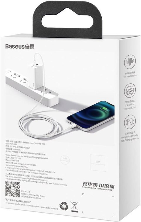 KABEL USB-C / Lightning iPhone Baseus Superior CATLYS-A02 1m 20W PD Quick Charging BIAŁY PREMIUM