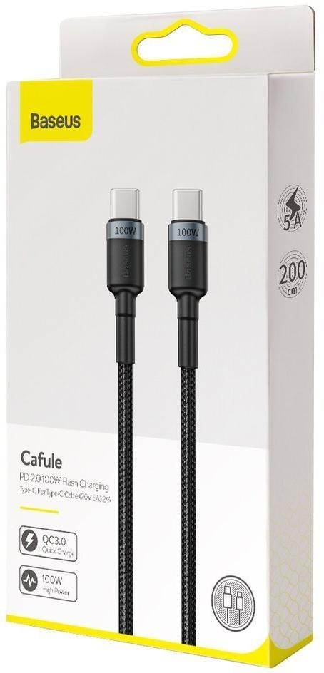 KABEL USB-C / USB-C Baseus Cafule CATKLF-ALG1 200cm 100W 5A PD 2.0 QC 3.0 CZARNO-SZARY W OPLOCIE