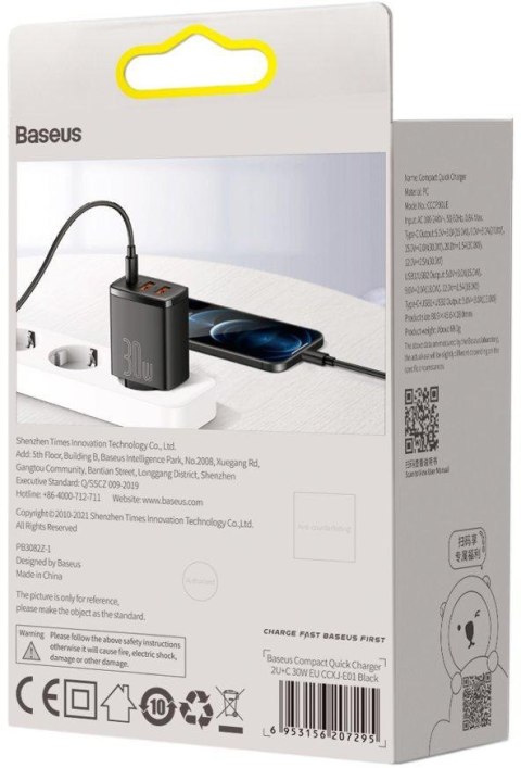 ŁADOWARKA SIECIOWA Baseus Compact Quick Charger CCXJ-E01 30W 2x USB-A 1x USB-C PD 3.0 QC 3.0 CZARNA