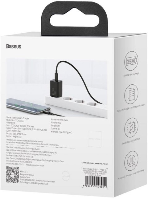 ŁADOWARKA SIECIOWA Baseus Super Si Quick Charger 1C TZCCSUP-L01 25W 1x USB-C PD 3.0 QC 3.0 + KABEL