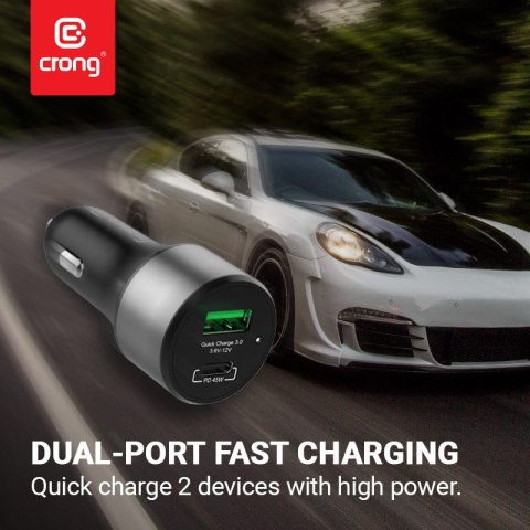 Crong Power Car Charger 63W - Ładowarka samochodowa USB-C PD 45W + USB QC 3.0 18W (czarny)