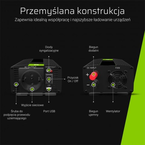 Green Cell - Przetwornica napięcia Inwerter tryb UPS 12V na 230V Czysta sinusoida 300W/600W do Pompy centralnego ogrzewania