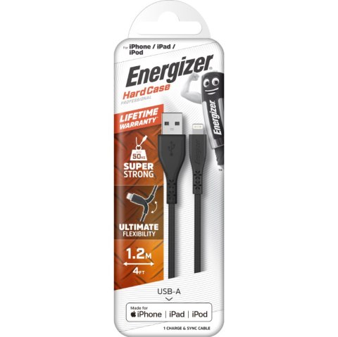 Energizer HardCase - Kabel połączeniowy USB-A do Lightning certyfikat MFi 1.2m (Czarny) dożywotnia gwarancja