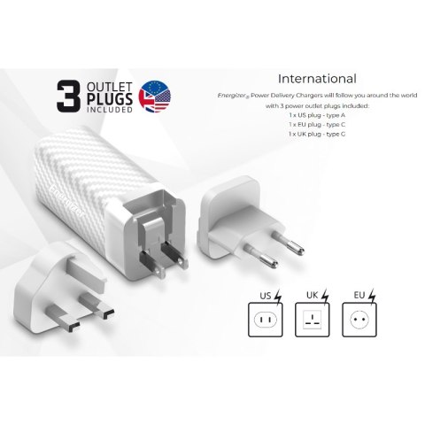 Energizer Ultimate - Ładowarka sieciowa Multiplug EU / UK / US GaN USB-C & USB-A 65W PD (Srebrny)