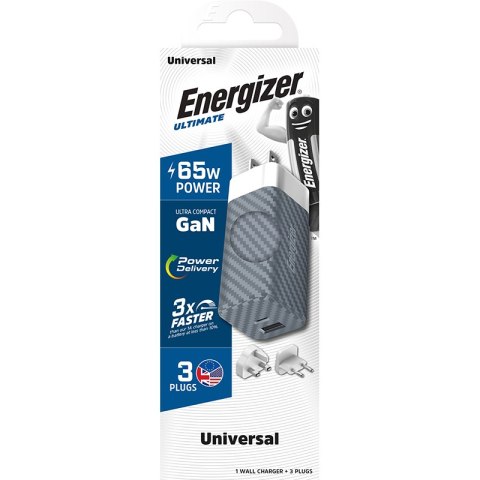 Energizer Ultimate - Ładowarka sieciowa Multiplug EU / UK / US GaN USB-C & USB-A 65W PD (Srebrny)