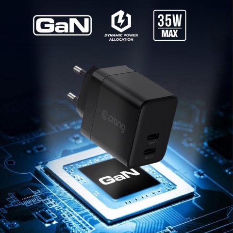 Crong Ultra Compact GaN - Ładowarka sieciowa 2x USB-C 35W PD 3.0 z PPS (czarny)