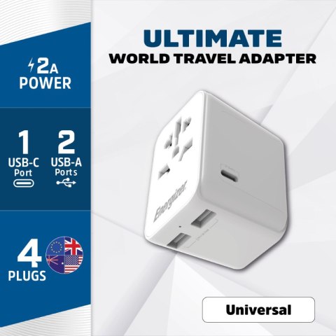 Energizer Ultimate - Ładowarka / Adapter podróżny EU / US / AU / UK + 2x USB-A & USB-C certyfikat MFi (Biały)